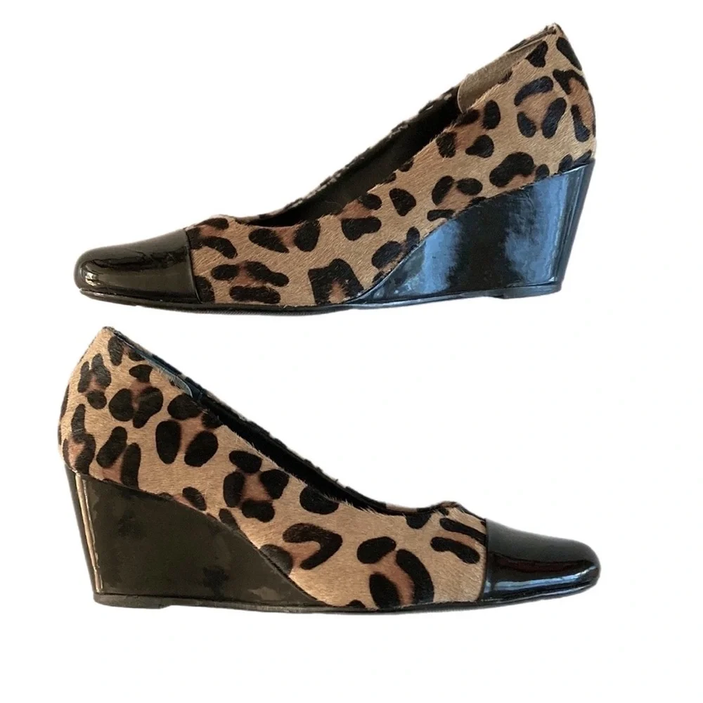 EASY STEPS leopard print cow hide wedge Heels slip-on pumps - Picture 3 of 12